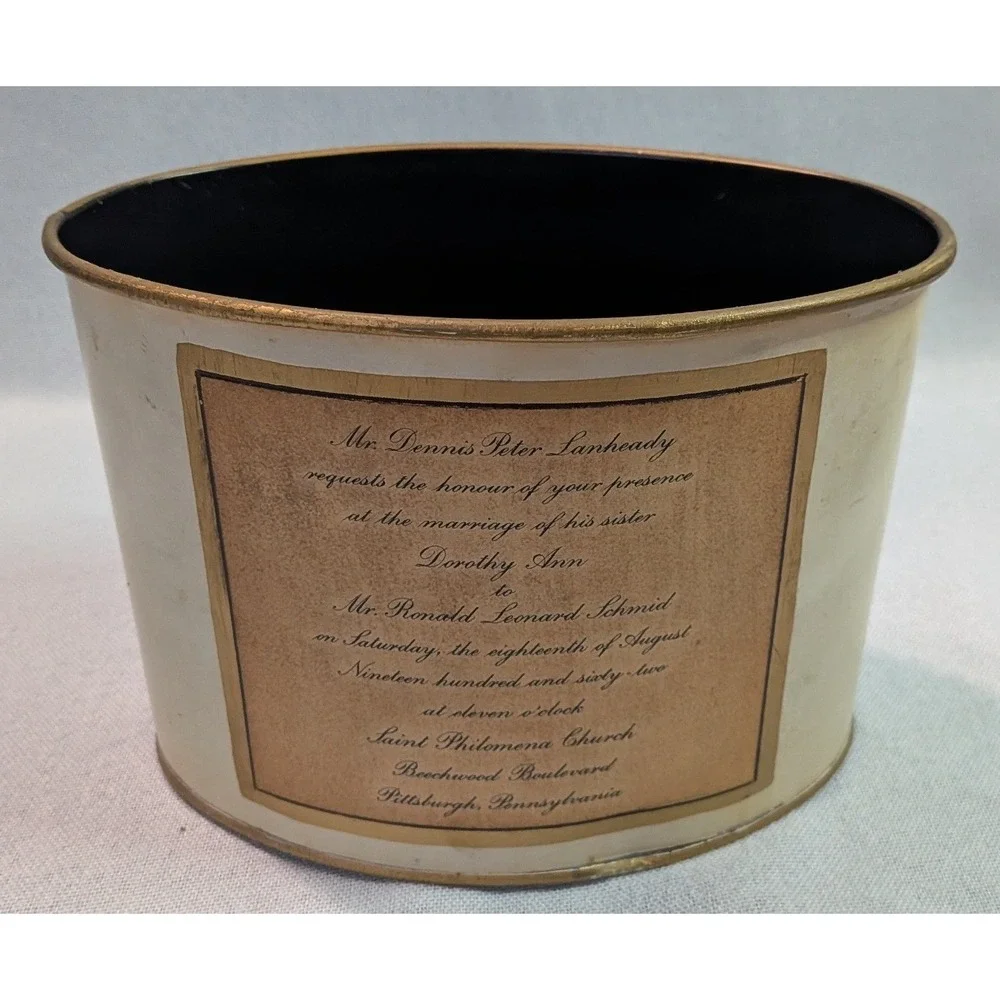 Jean Crowell Studio Wastebasket Vintage 1962 Wedding Invitation Cream Gold Good
